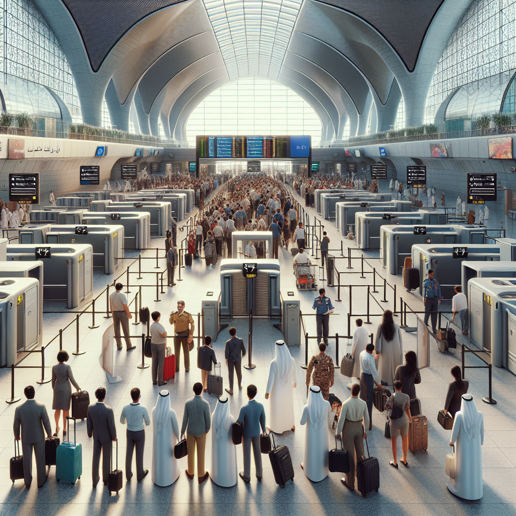 Customs clearance dubai 3 A Depiction Of Dubai'S Airport Clearance Area Featuring Passengers, Security Scanners, Signage, And Airport Staff, Rendered In A Highly Realistic Style.
