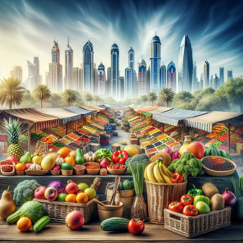 Realistic Image Of A Foodstuff Clearance Sale In Dubai With An Assortment Of Foods And Dubai Cityscape In The Background.