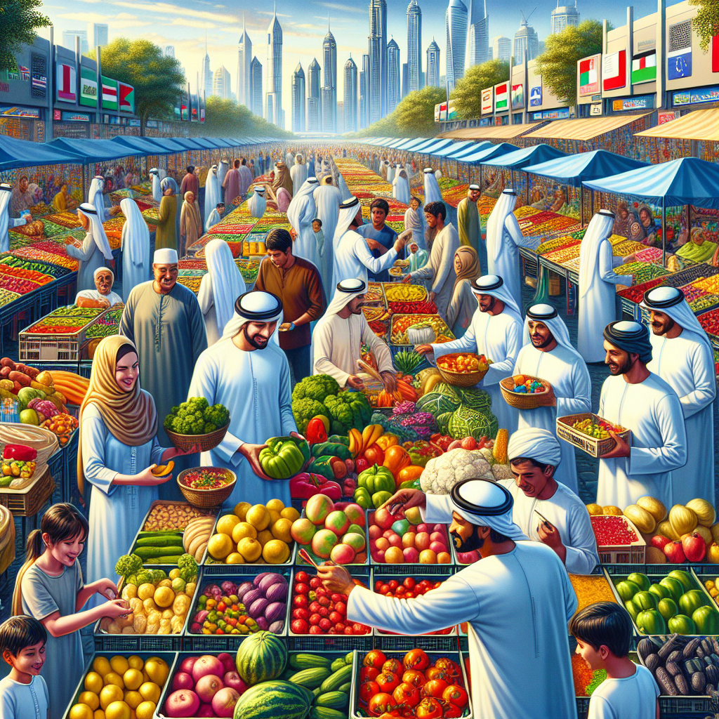 Foodstuff Clearance Event In Dubai With Various Stalls, Vibrant Produce, And Shoppers.