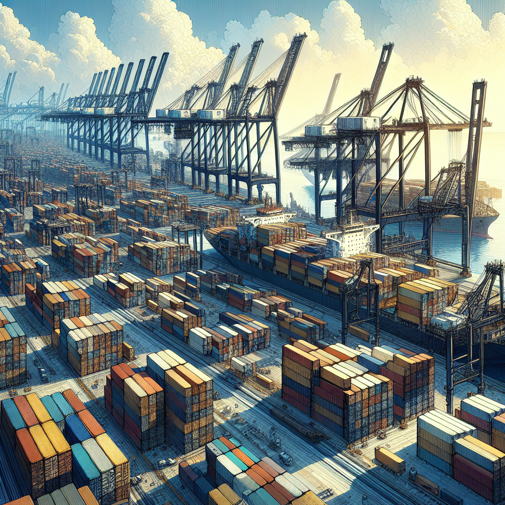 A Realistic Image Of Jebel Ali Port With Shipping Containers, Cranes, And Ships.