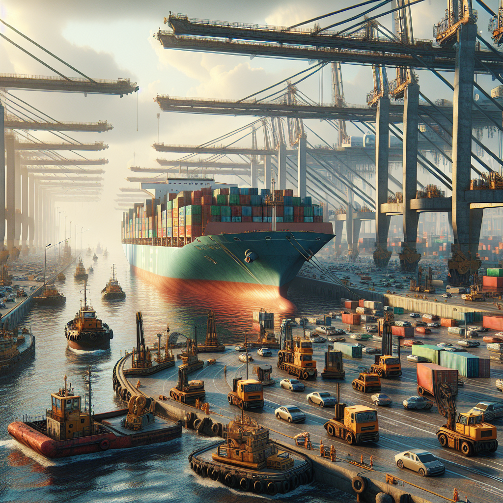 A Realistic Depiction Of Jebel Ali Port With Cargo Ships And Cranes.