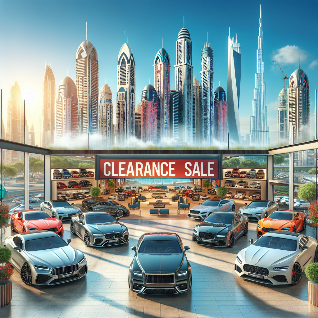 Customs clearance dubai 1 Realistic Depiction Of A Vehicle Clearance Sale In A Dubai Car Dealership With Dubai Landmarks In The Background.