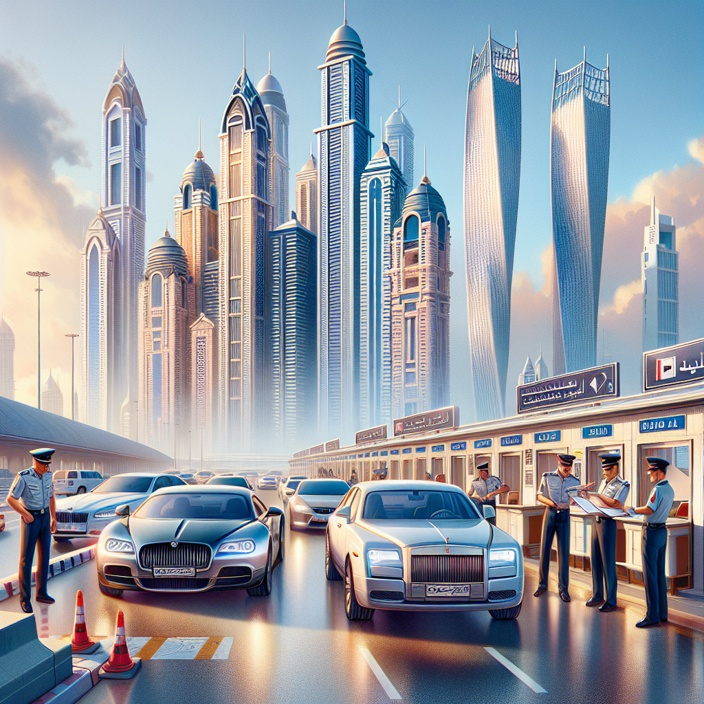 Customs clearance dubai 2 Realistic Depiction Of Vehicle Clearance In Dubai With Skyscrapers And Modern Architectural Elements.
