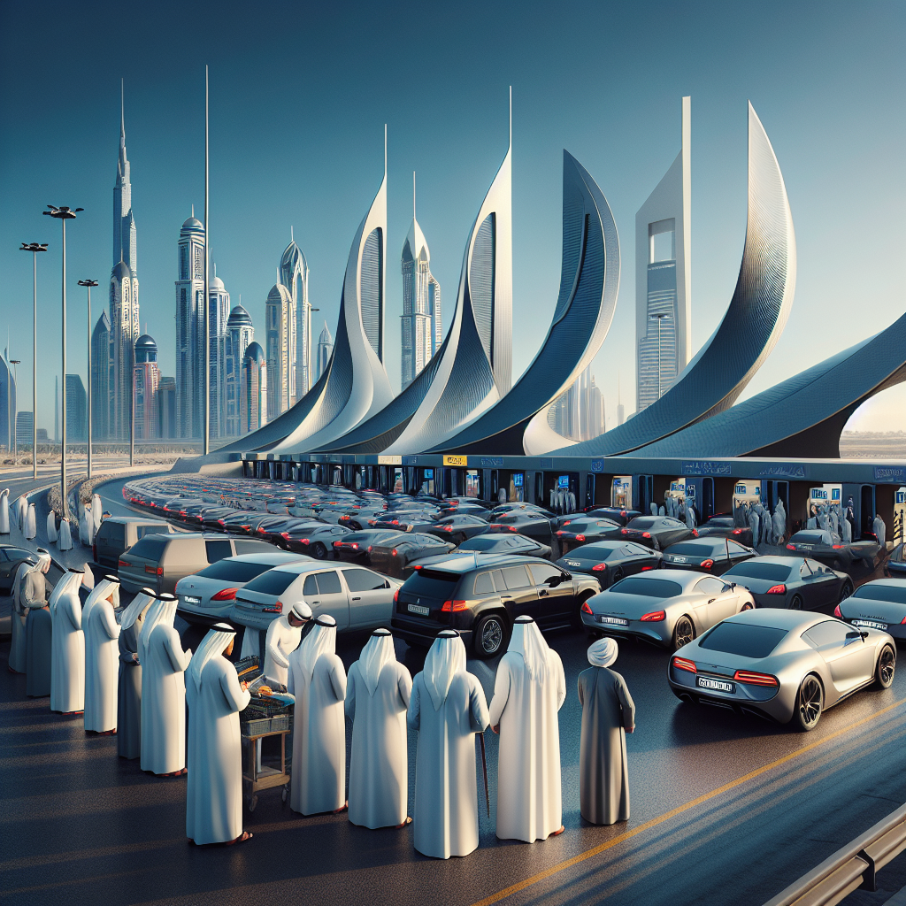 Customs clearance dubai 3 A Realistic Depiction Of A Vehicle Clearance Scene In Dubai With Various Vehicles And Modern Buildings.