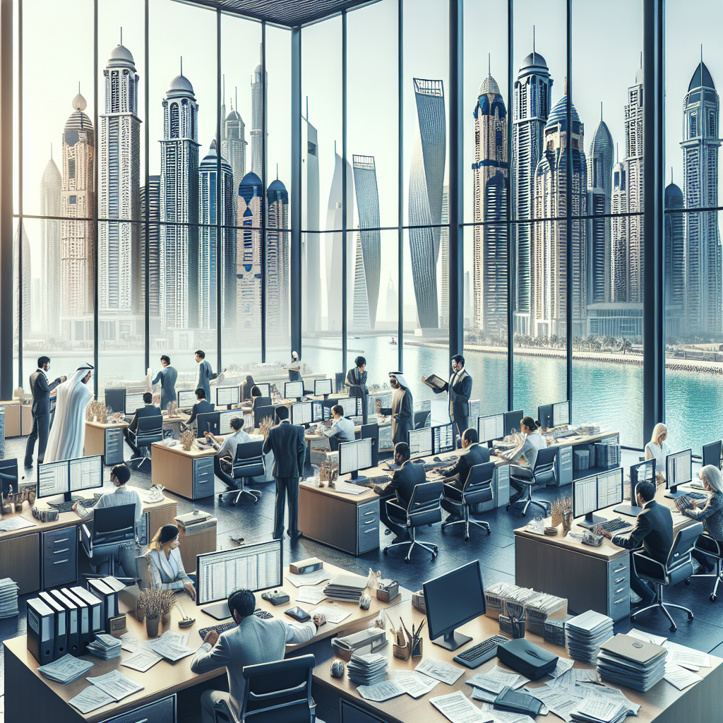 Customs clearance dubai 2 Realistic Image Of A Dubai Customs Broker Office With Busy Brokers And The Dubai Skyline Visible Through The Windows.