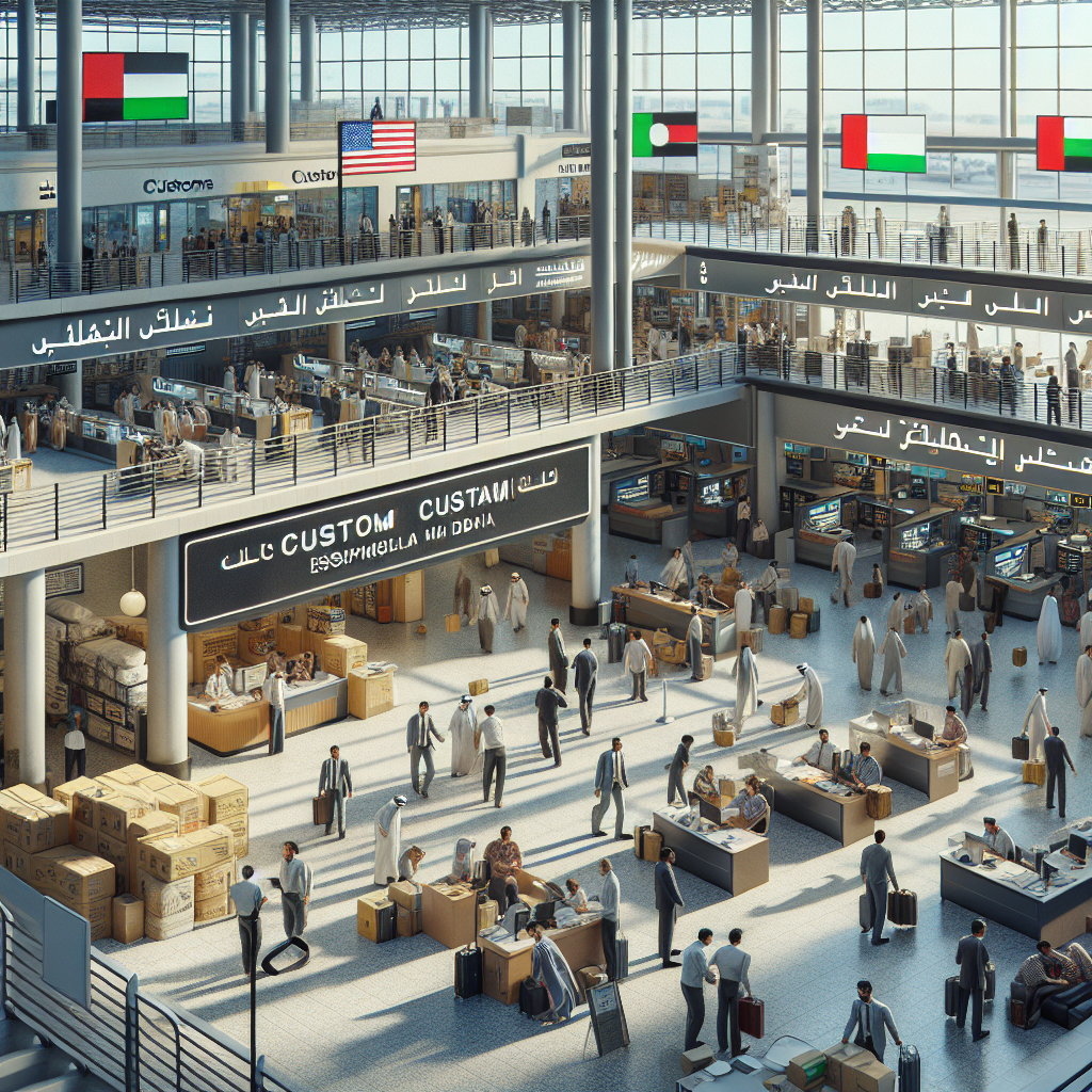 Customs clearance dubai 3 A Realistic Depiction Of A Busy Customs Office In Dubai With People Processing Documents, Inspecting Goods, And Interacting With Customers.