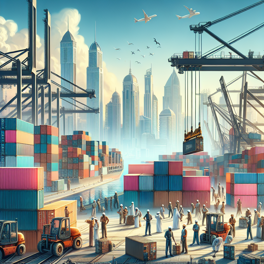 A Realistic Depiction Of Container Clearance In Dubai With Workers, Cranes, And Containers Against The City'S Skyline.
