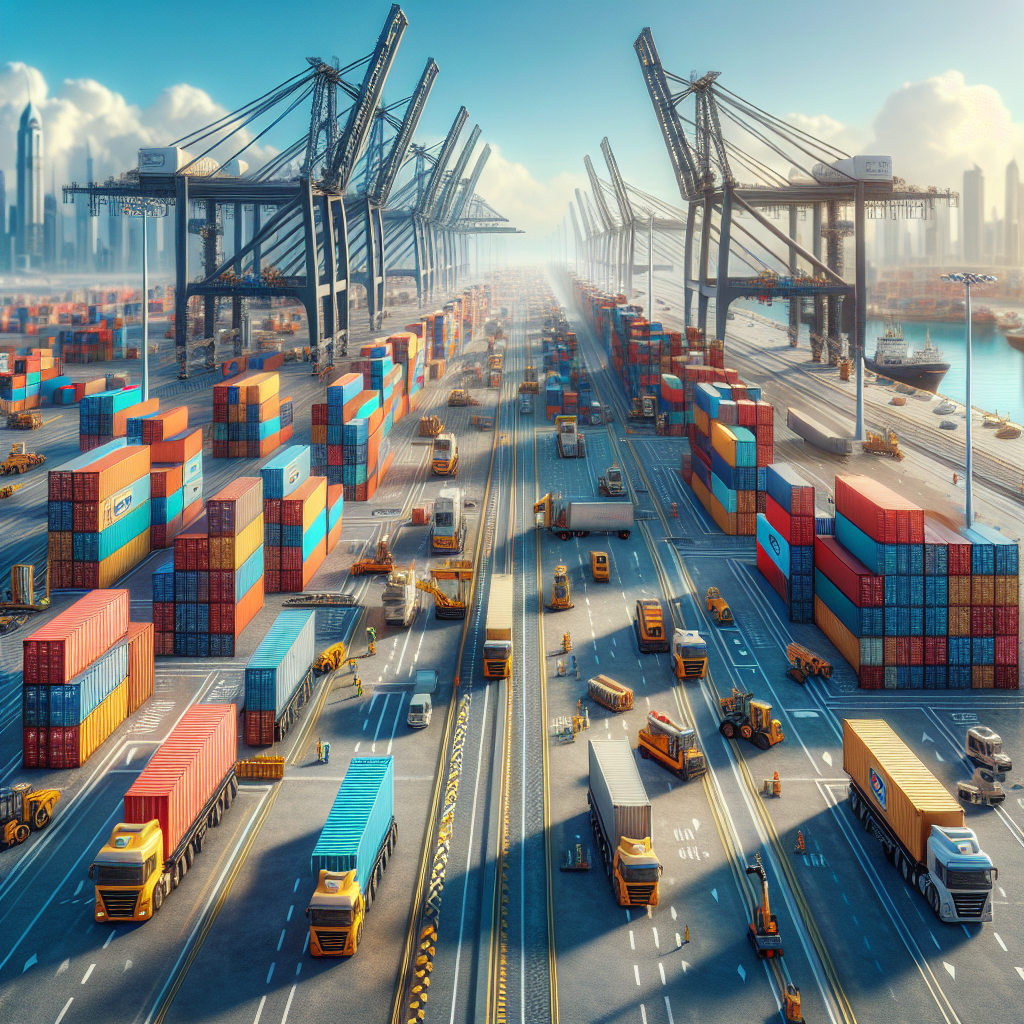 A Realistic Depiction Of A Container Clearance Area In Dubai With Shipping Containers, Vehicles, And Workers.