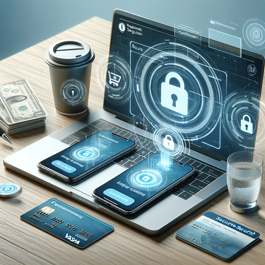 Illustration of a secure online payment system with a laptop and smartphone displaying a payment confirmation screen.