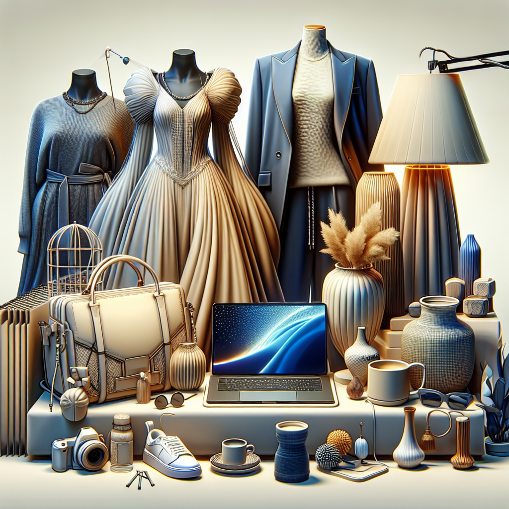 A realistic composition featuring top picks including a laptop, a stylish dress on a mannequin, and elegant home goods.