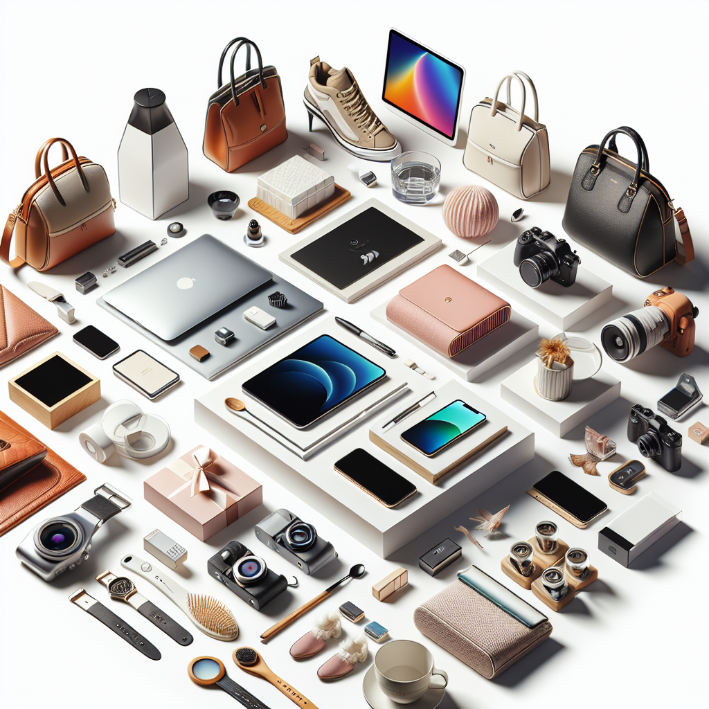 A vibrant display of top products including electronics, fashion items, and home goods on a white background.