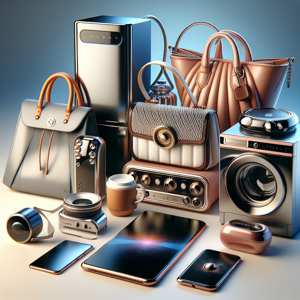 A realistic image displaying an assortment of top products including a smartphone, handbag, and kitchen appliance.