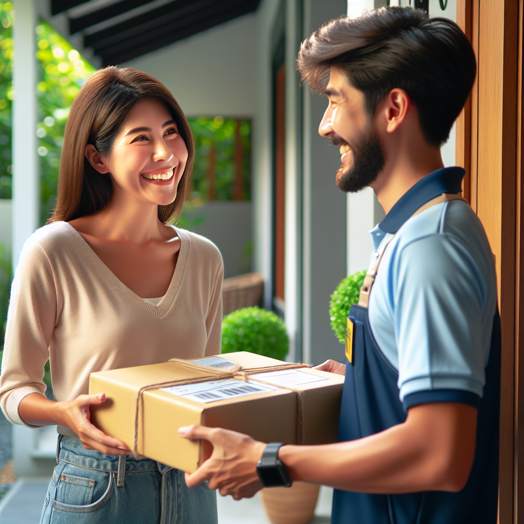 A satisfied customer receiving a package from a friendly delivery person at their doorstep.