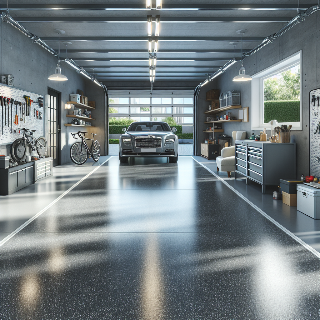 A spacious home garage with a polished grey epoxy floor and neatly organized items, illuminated by natural light, with a luxury car parked on it.