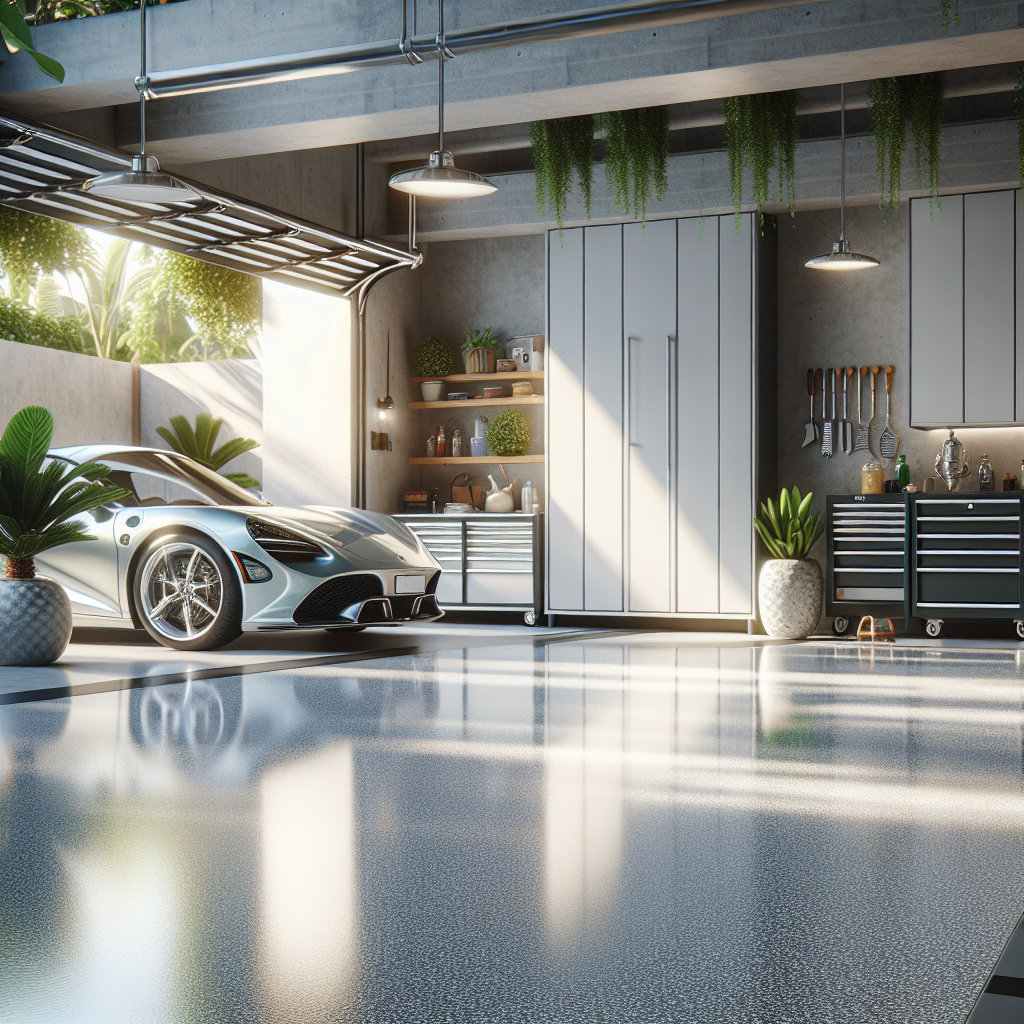 Realistic image of a shiny and clean epoxy garage floor with typical garage items and tropical plants in South Florida.