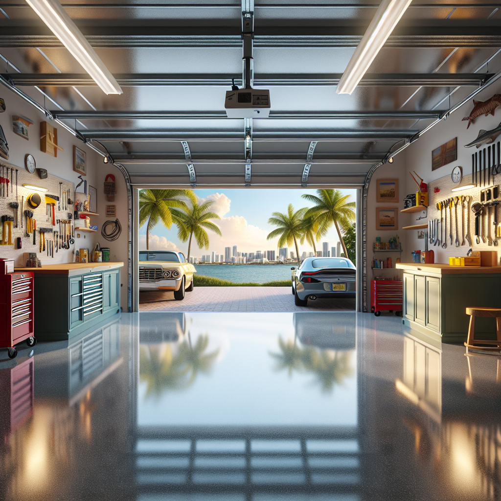 Epoxy-coated garage floor of a South Florida home, reflecting overhead lighting with palm trees visible outside the open garage door.
