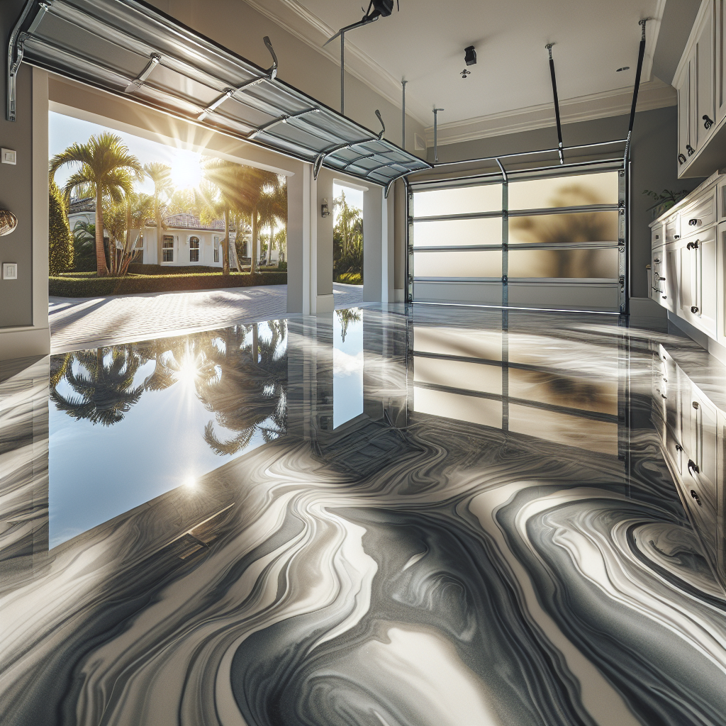A realistic image of a well-maintained epoxy-coated garage floor in a South Florida home, with a glossy finish and a marbled appearance, reflecting a coastal vibe.