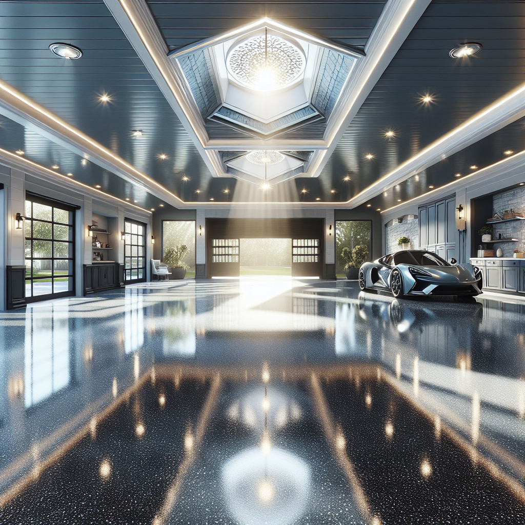 Realistic, glossy, and textured granite garage floor with a blend of greys, black, whites, and subtle blue shades in natural lighting, embodying durability and fashion without any text or branding.