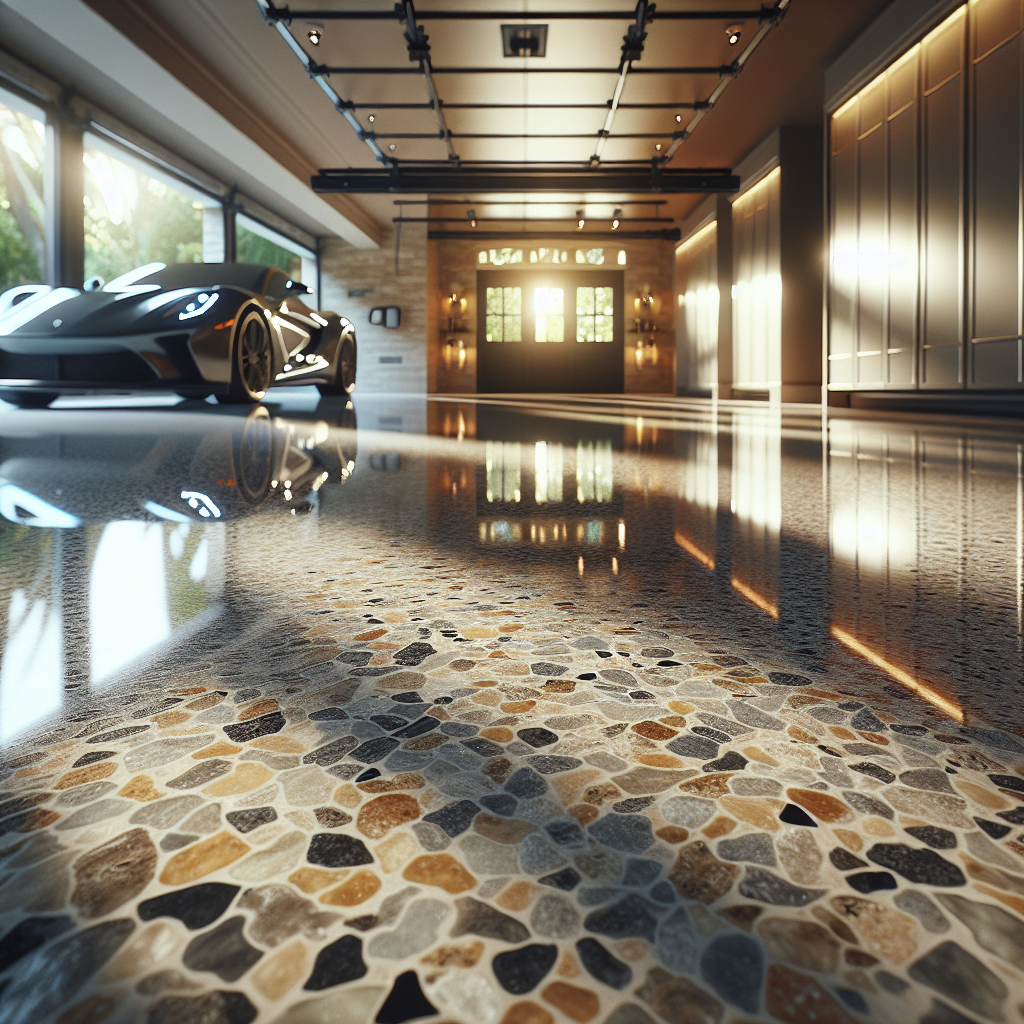 Realistic image of a section of high-gloss granite garage floor with beige and grey chips, reflecting soft natural light in a luxurious garage setting.