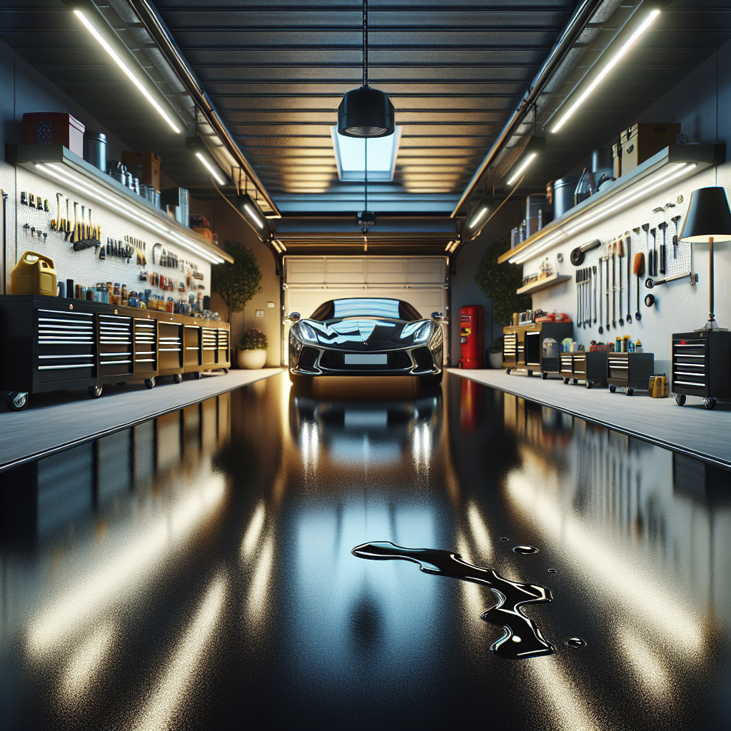 A realistic image of a well-organized garage with a polyaspartic coated floor, highlighting its glossy finish, stain resistance, and aesthetic appeal.