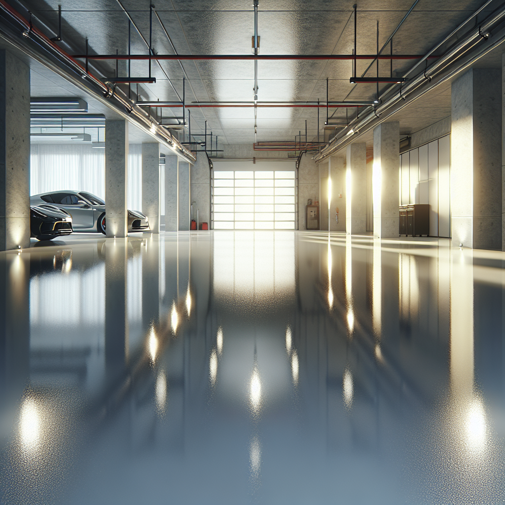 Modern garage with glossy polyaspartic coated floor reflecting overhead lights, emphasizing its stain resistance and durability.