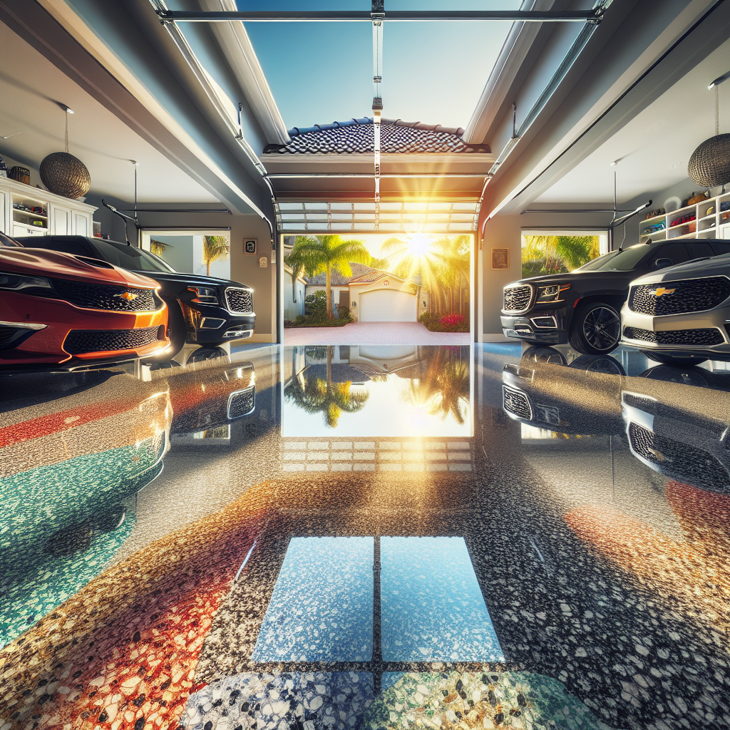 Realistic shiny and glossy polyaspartic garage floor in a residential garage with no distractions, showcasing its marble-like finish under bright lighting.