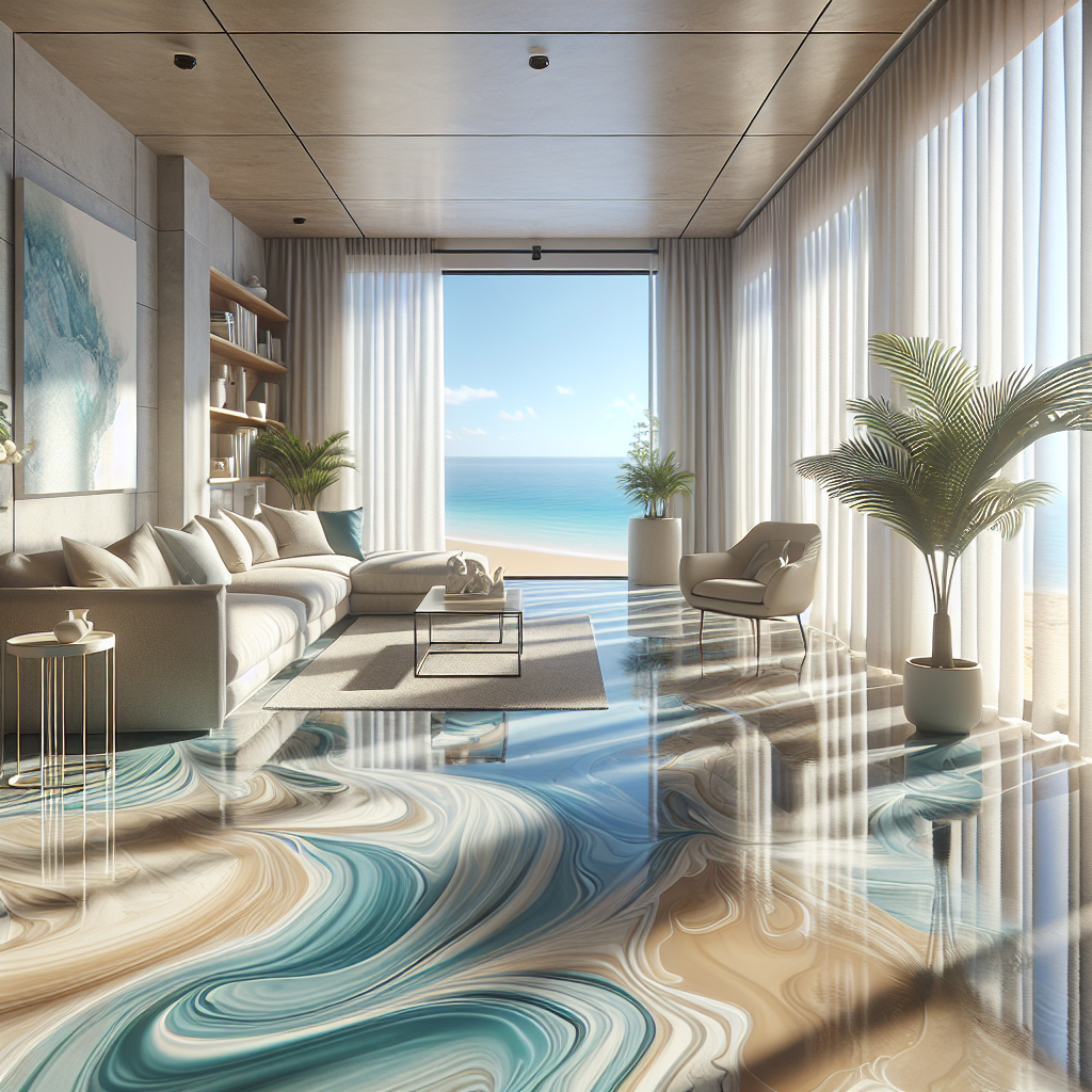 Modern living room with a glossy, marble-like blue and beige epoxy floor, minimalistic furniture, and a view of the beach-inspired serene setting, no text.