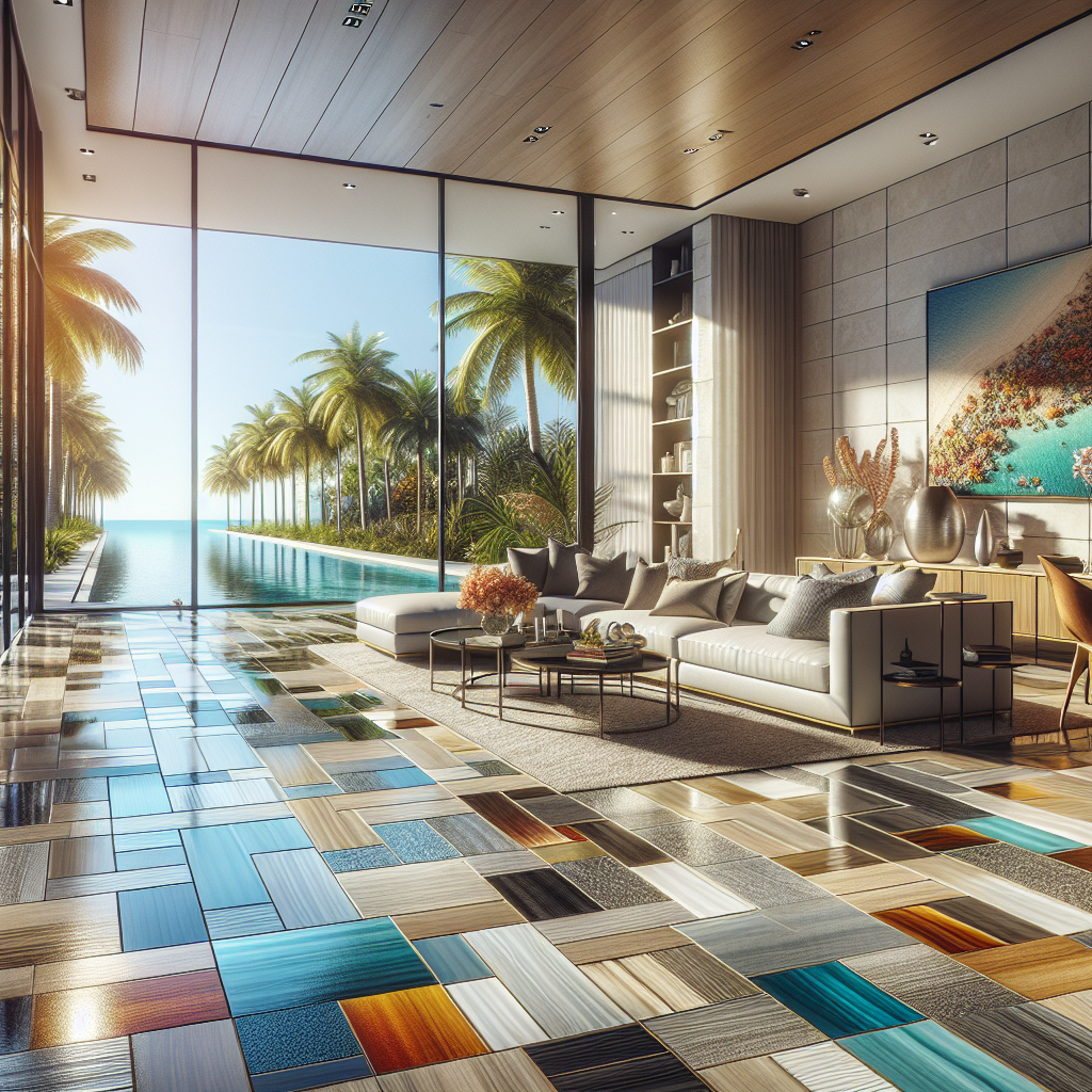 Elegant living room in Fort Lauderdale with colorful, shiny epoxy flooring, modern furniture, and tropical landscape visible through large windows.