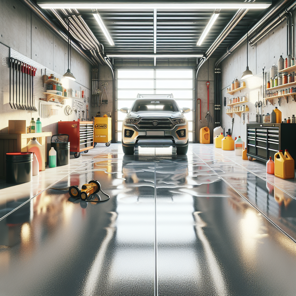 An image of an uncluttered, epoxy-coated glossy garage floor in Fort Lauderdale, showing elements like a car, mechanic tools, and chemical containers.