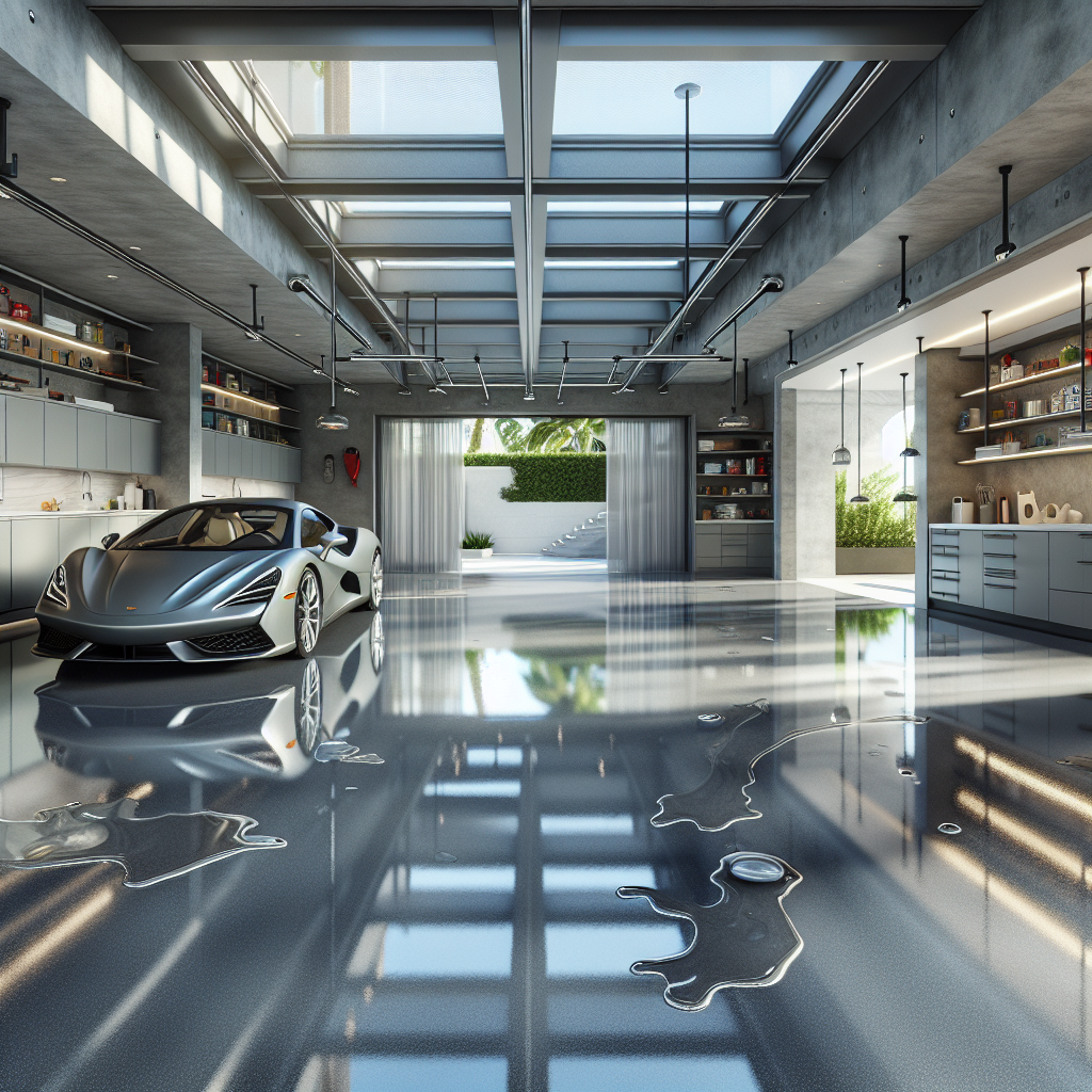 Realistic image of a modern residential garage in Fort Lauderdale with a high-gloss epoxy garage floor, showing resistance to chemical spills and a luxury car parked.