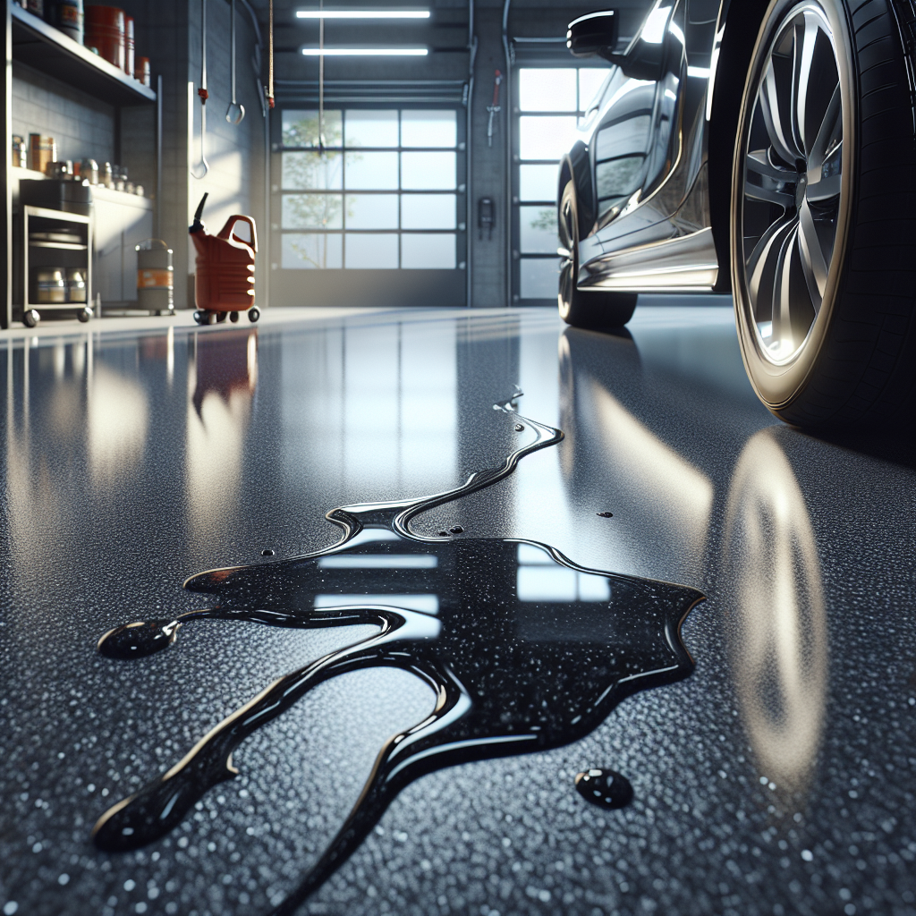 Close-up of a section of glossy, chemical-resistant epoxy garage floor in Fort Lauderdale with a tire partially visible, reflecting indoor lighting and no visible stains or damage to the surface.