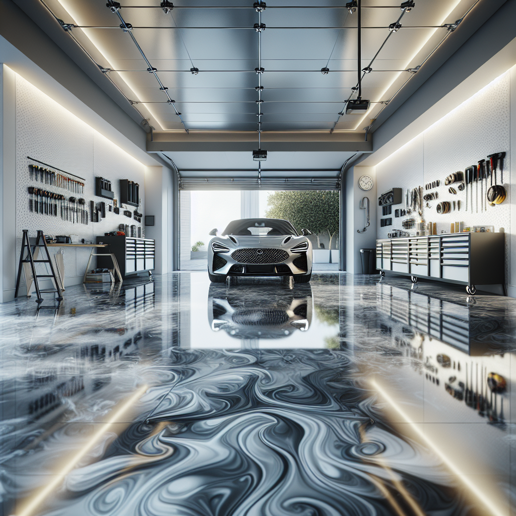Realistic depiction of an upscale garage in South Florida, focusing on the glossy, epoxy-coated floor with a luxury car and organized tools, accentuating the functionality and aesthetic appeal.