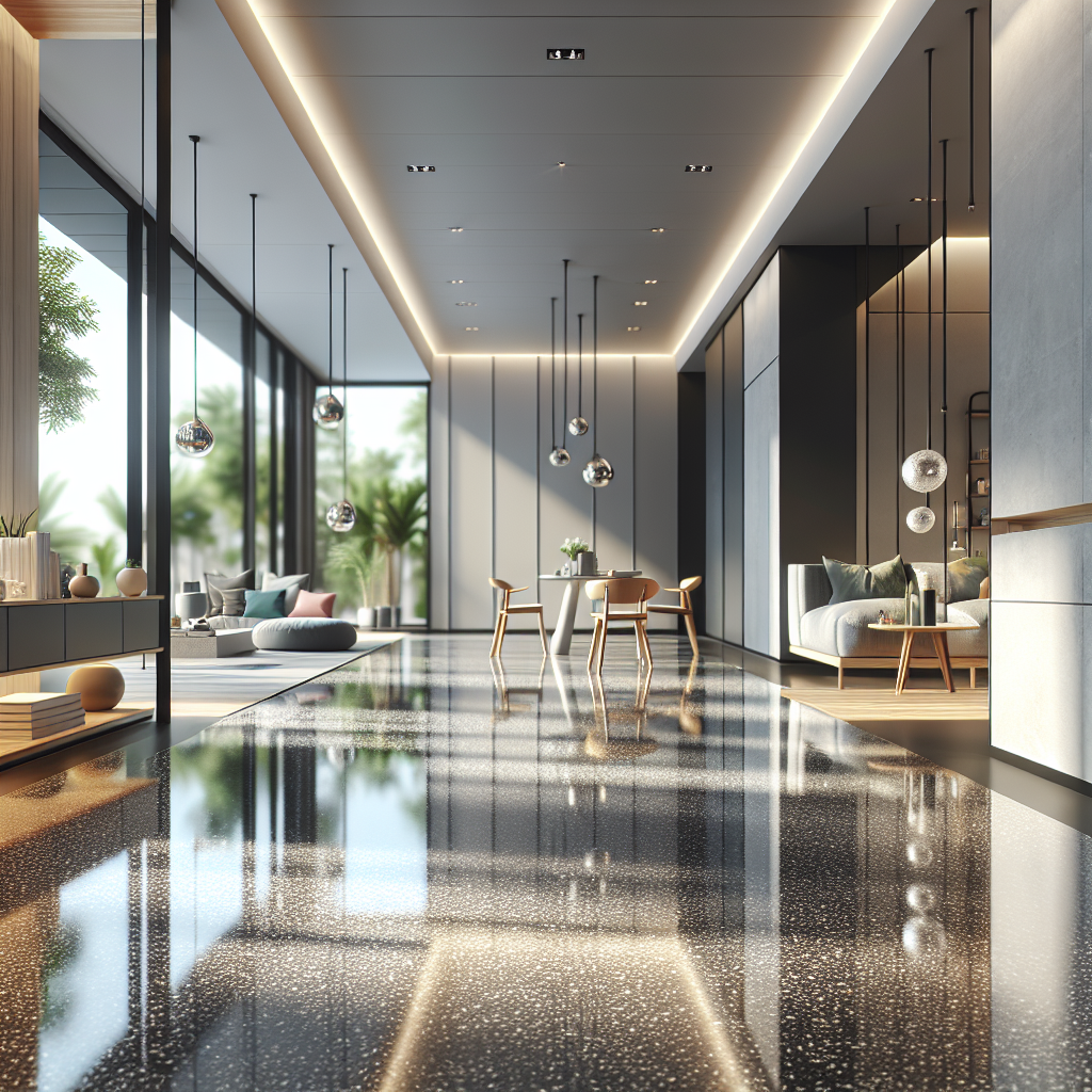 Modern residential room with customized epoxy floors, showcasing a polished, glossy surface with metallic and flake patterns.