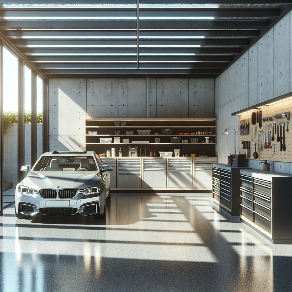 A modern garage with shiny epoxy flooring, neatly arranged tools, and a sleek car.