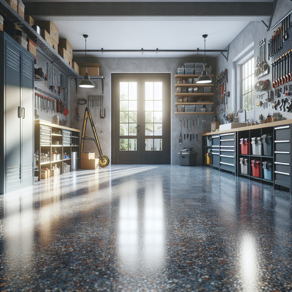 Realistic image of an epoxy-coated garage floor with metallic and solid color patterns in a well-organized residential garage, illuminated by natural daylight.