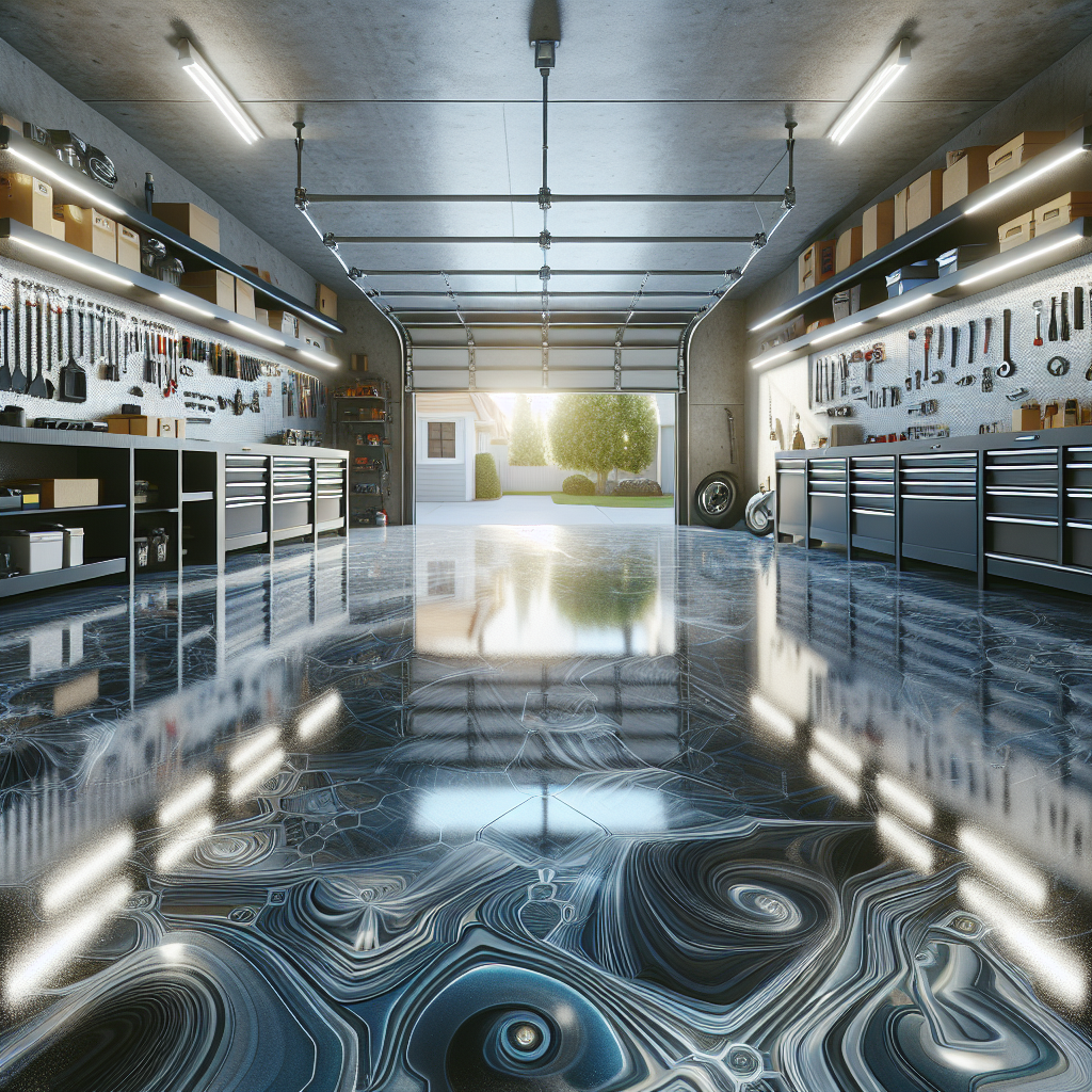A realistic depiction of a newly installed epoxy garage floor with a metallic finish in grey and blue, clean and organized garage.