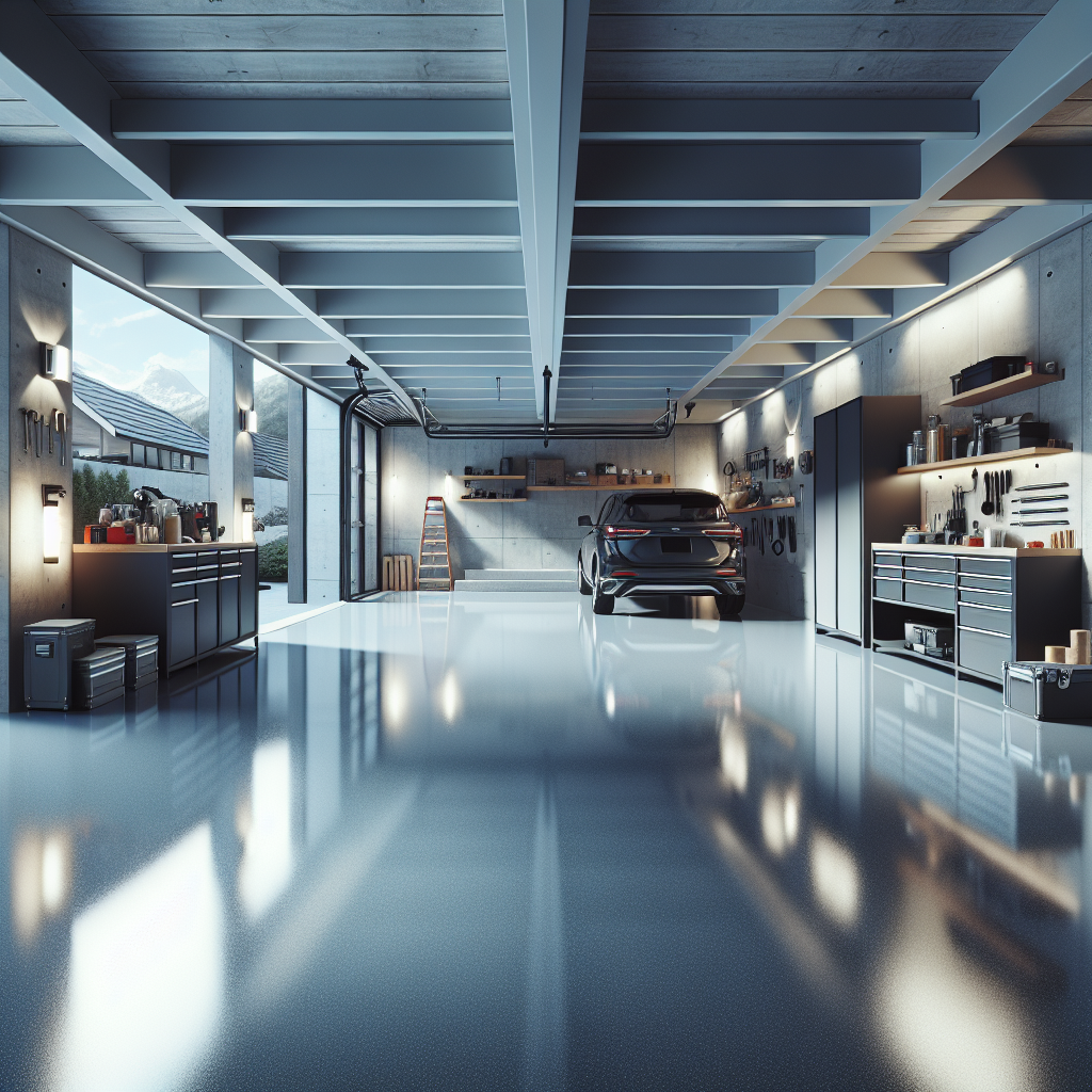 Modern garage with a light grey, seamless and glossy epoxy floor, and neatly arranged tools and equipment.