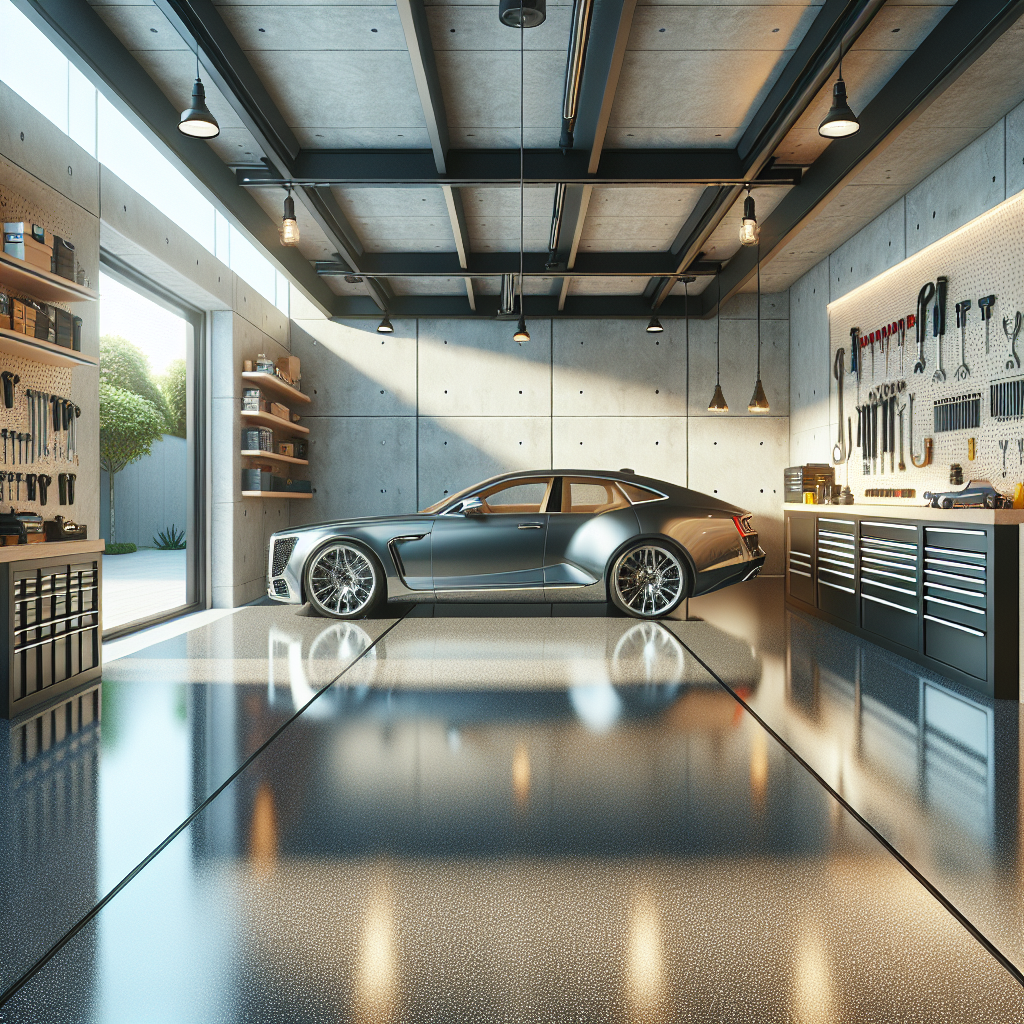 A modern garage with seamless, glossy epoxy flooring, showcasing a car, tools, and well-organized equipment.