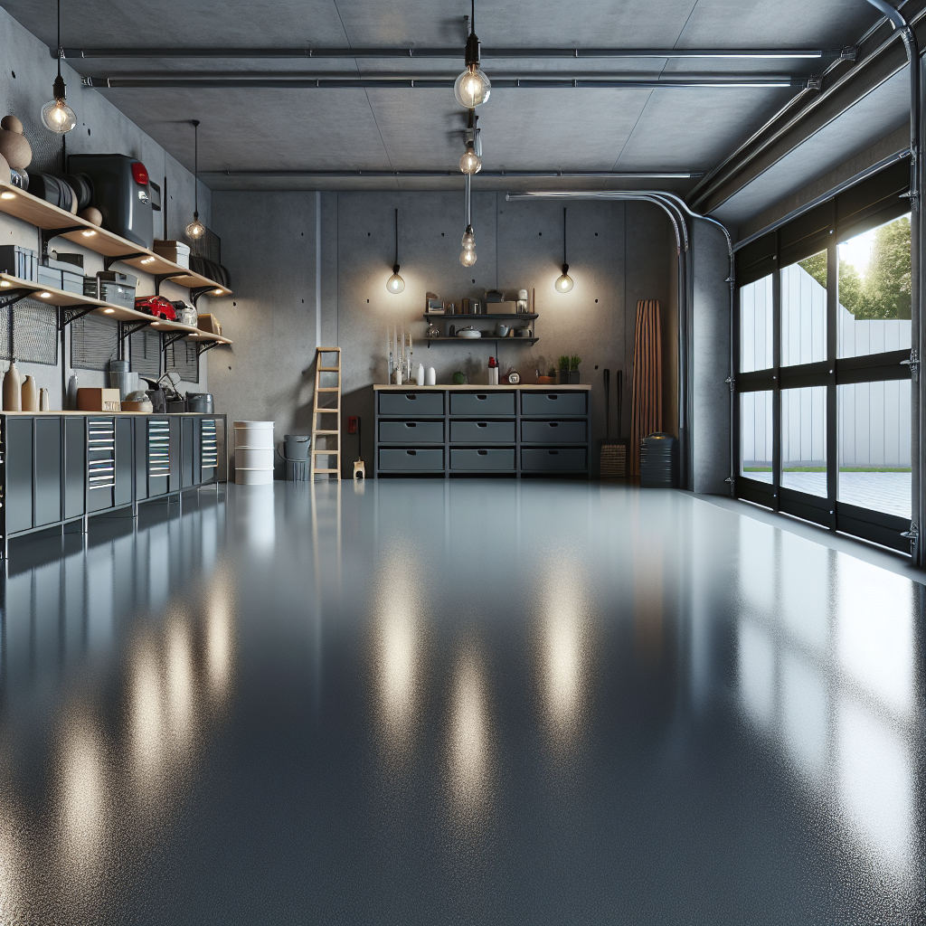 A freshly renovated garage with glossy gray epoxy flooring, showcasing a clean and well-organized space.