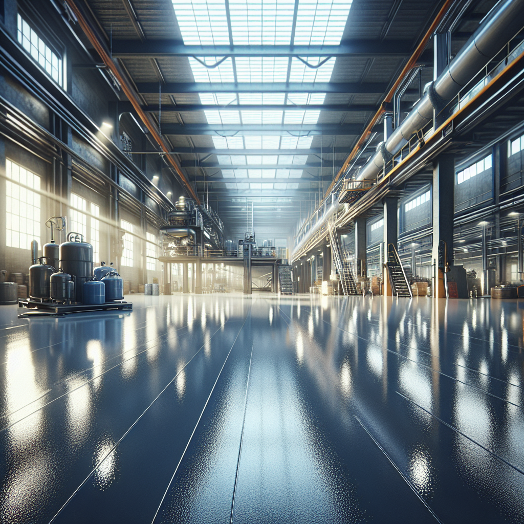 A realistic image of an industrial setting with a glossy, smooth epoxy resin floor.