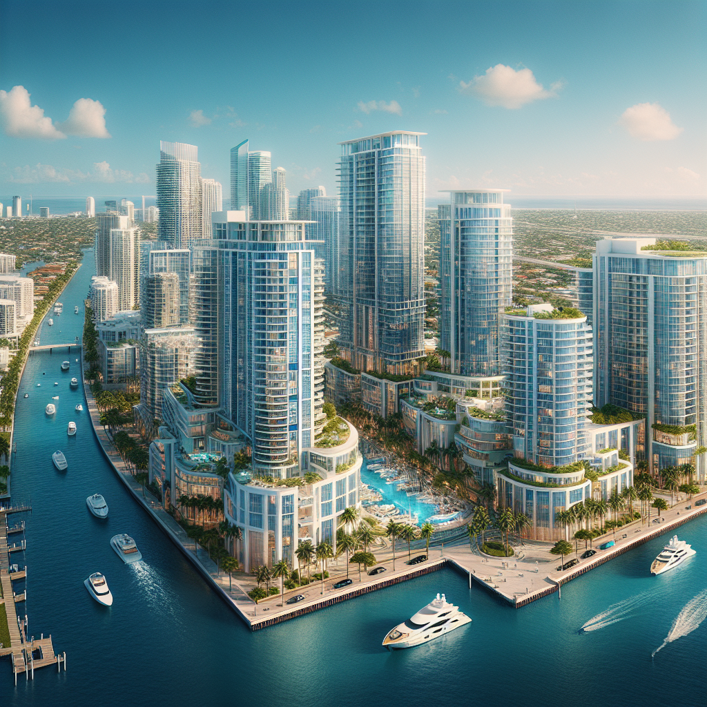 Realistic high-rise buildings in Fort Lauderdale along the coastline with luxurious features and vibrant cityscape.