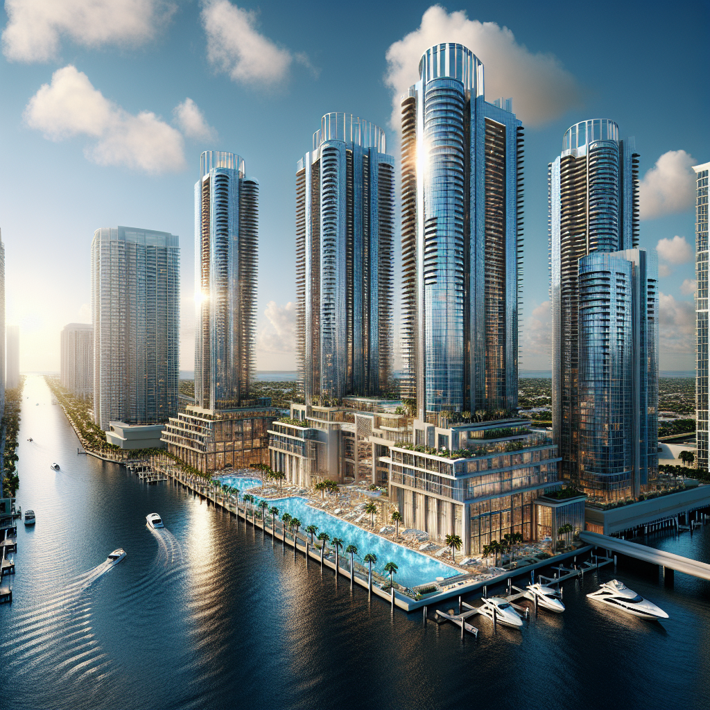 High-rise buildings in Fort Lauderdale along the Atlantic Ocean and Intracoastal Waterway on a sunny day.