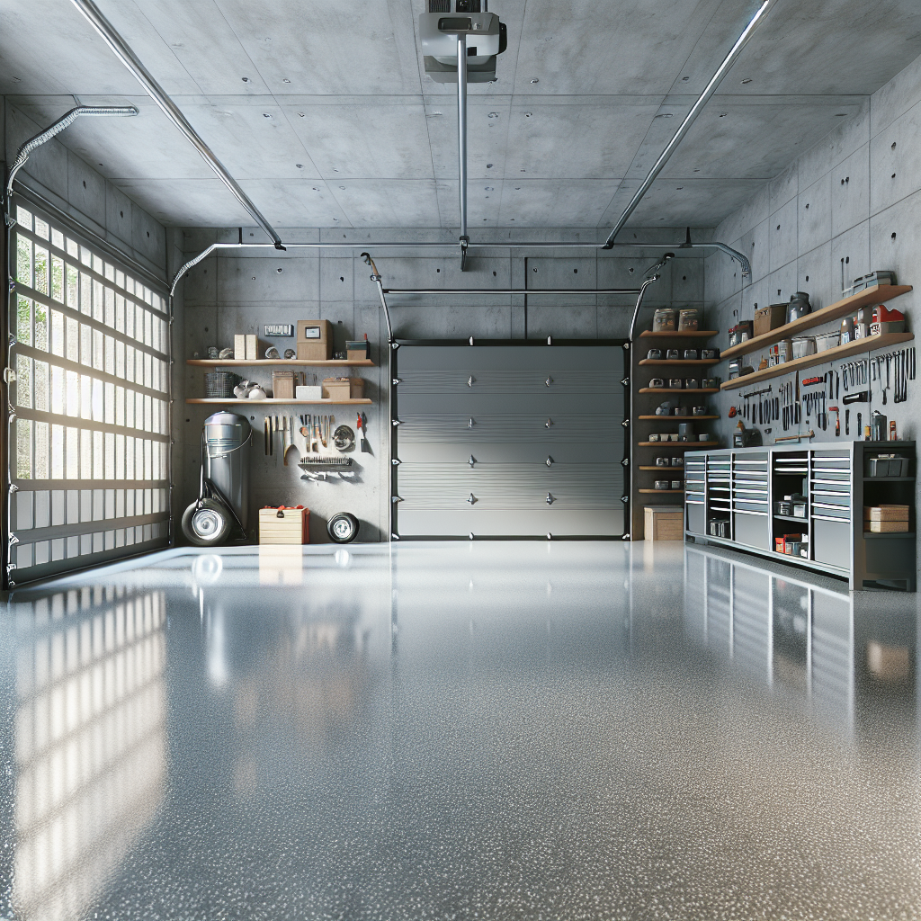 Pristine garage floor with a glossy epoxy coating in a well-organized garage.