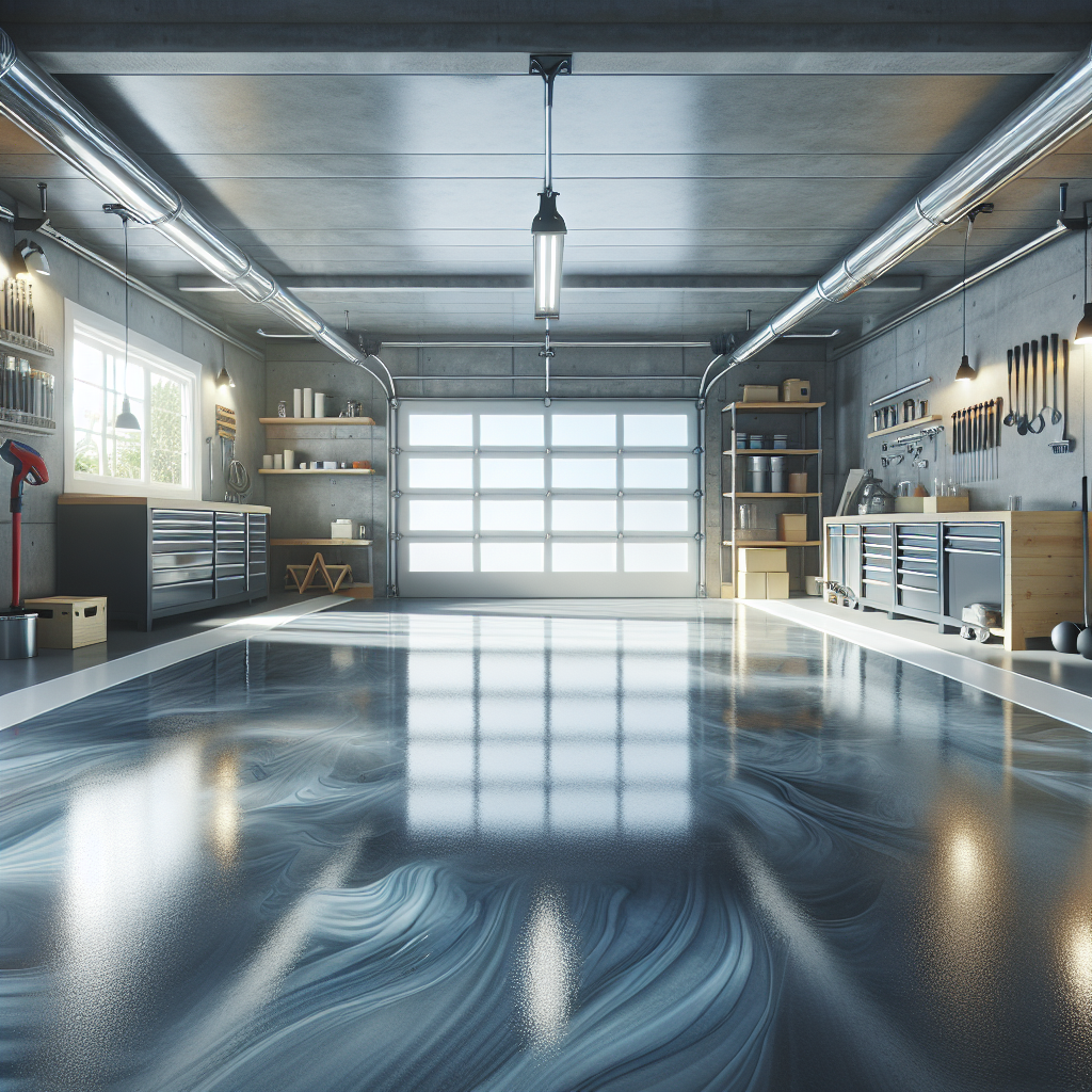 Freshly epoxy-coated garage floor in a clean and organized residential garage.