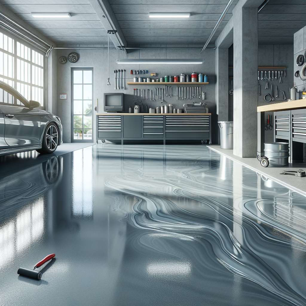 Garage floor with a fresh epoxy coating, showcasing its smooth and glossy finish, with organized tools and a parked car in the background.