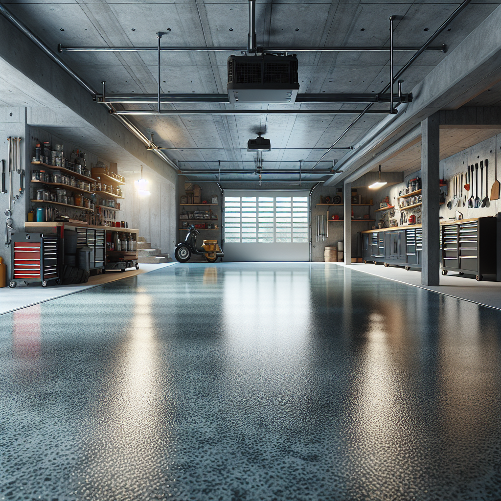 A realistic image of a professionally done epoxy garage floor with a glossy finish in a well-organized garage.