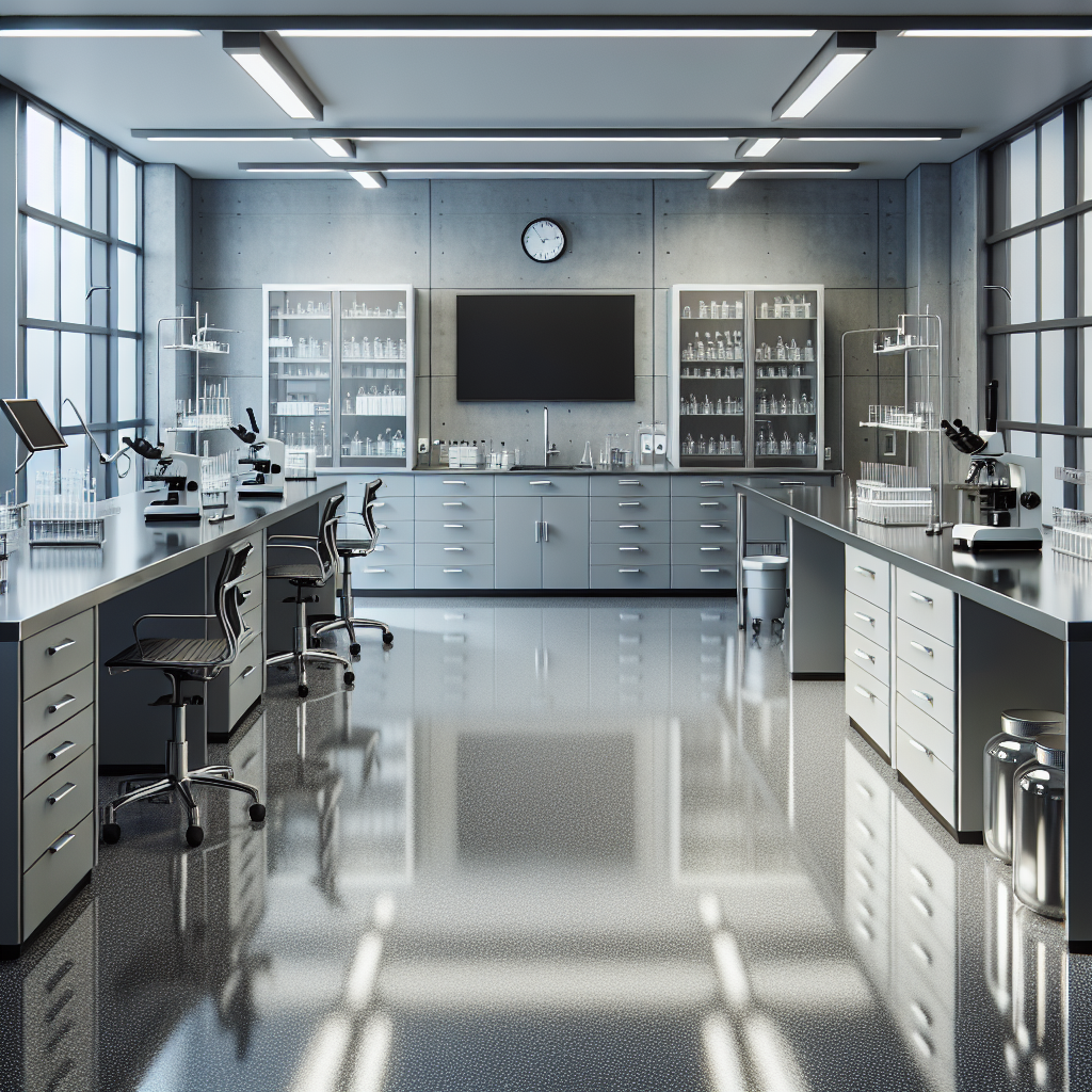 A modern, clean laboratory with seamless, glossy epoxy flooring and various lab equipment.