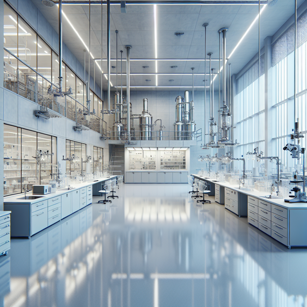 A modern laboratory with light grey epoxy flooring, various scientific equipment, and a clean, well-lit environment.