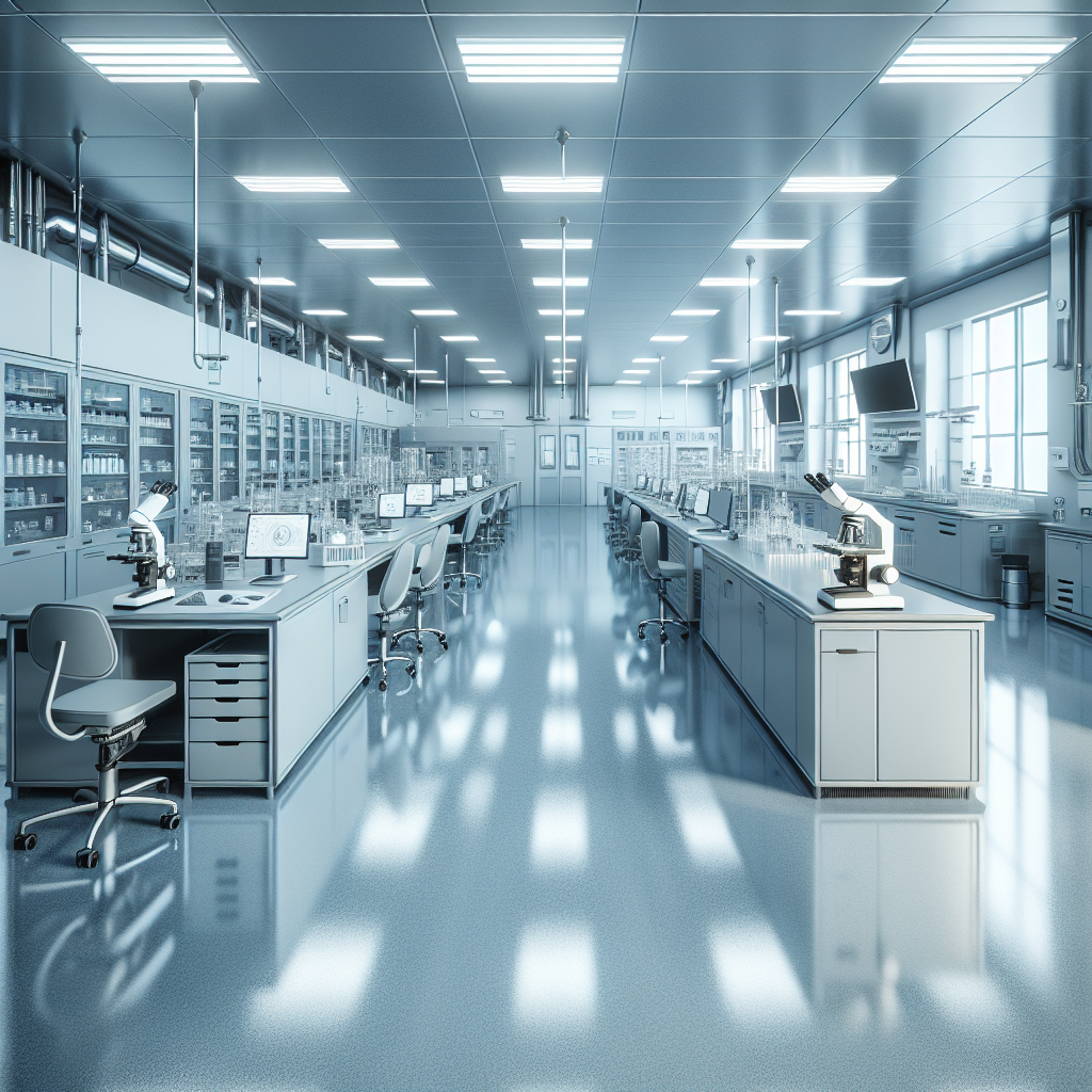 A realistic image of a modern laboratory with glossy, light gray epoxy flooring and high-tech equipment.