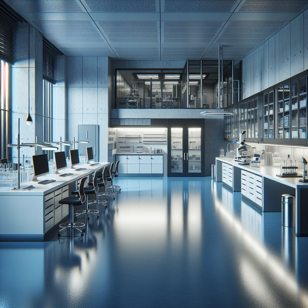 A modern laboratory with blue-gray epoxy flooring and clean, sleek workstations.